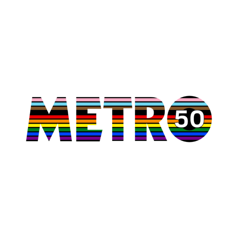 Metro News Colourful "METRO50" text in striped pattern, celebrating a milestone.