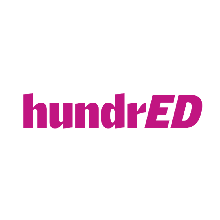 HundrED HundrED logo in bold pink letters on a white background.